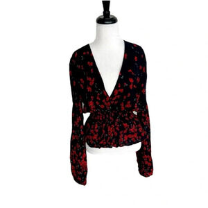 Reformation Black Blouse with Red Floral Print